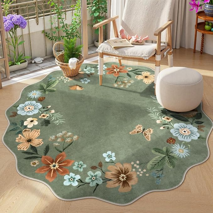 Lahome Floral Washable Round Circle Rugs, Non-Slip Soft Round Rug 4ft | Ultra-Thin Small Boho Circle Carpet for Entryway Kitchen Bedroom Nursery Bathroom, Green