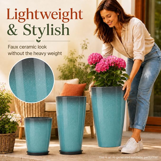 Neoaider Set of 3 Tall Planter, 24/21/12in Large Plastic Planter, Sky Blue | Ceramic-Look, Lightweight, Built-in Drain Hole, Saucers, Tall Outdoor Planter for Porch, Garden, Patio, Balcony