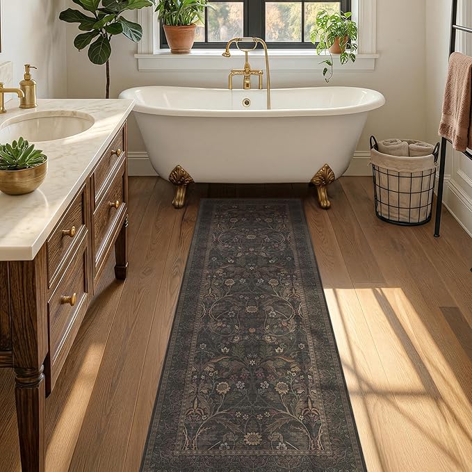 Washable 2x6 Kitchen Runner Rugs Non Slip - Dark Brown Hallway Runner Rug, Farmhouse Non Slip Floral Botanical Bathroom Mats, Southwestern Cabin Bedroom, Hall Way Low Pile Carpet