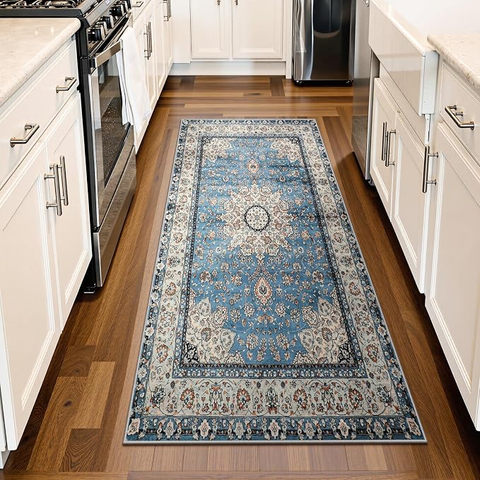 Lahome Felice Oriental Floral Medallion Area Rug - 2x4.3 Blue Hallway Runner Rug Doormat Vintage Faux Wool Throw Rug Non-Slip Washable Low-Pile Carpet for Kitchen Laundry Room Entrance Bathroom