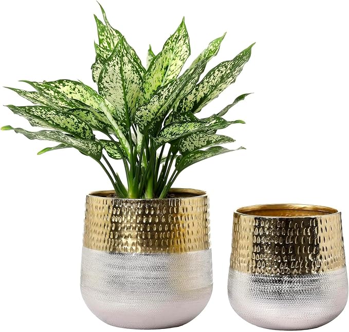 MyGift Round Two-Toned Indoor Planter Pot, Hammered Brass and Milled Embossed Silver Tone Metal Planter Vase, Set of 2 - Handcrafted in India
