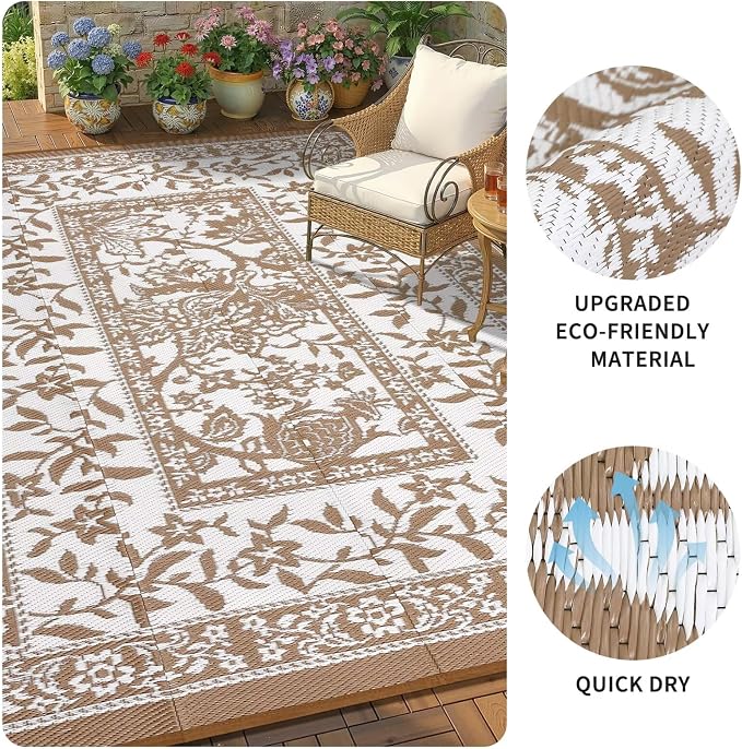 Garvee Outdoor Rug 5x8, Waterproof Reversible Foldable Plastic Straw Rug, Botanical cottagecore Outdoor Rugs Patio Camping RV Carpet for Deck Camper Porch Balcony Backyard Picnic Beach Coffee