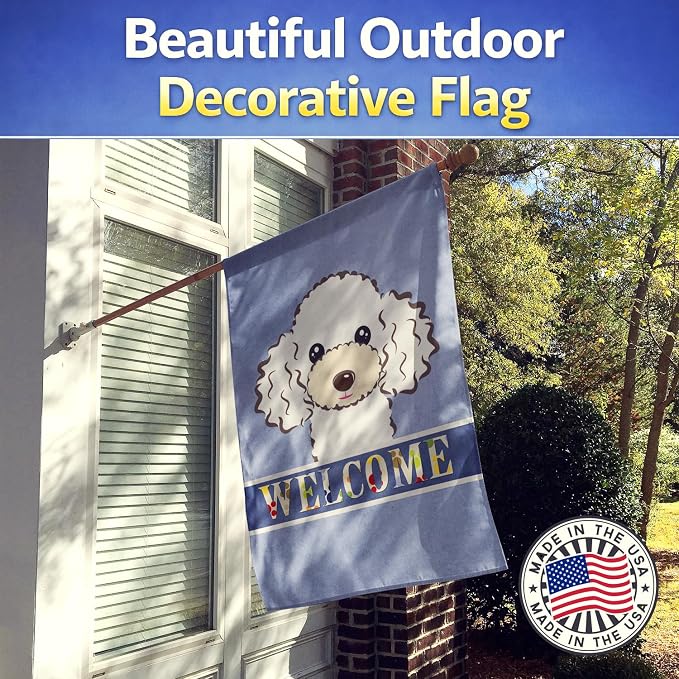 Caroline's Treasures BB1443CHF White Poodle Welcome House Flag, Blue Large Porch Sleeve Pole Decorative Outside Yard Banner Artwork Wall Hanging, Polyester, House Size, Multicolor