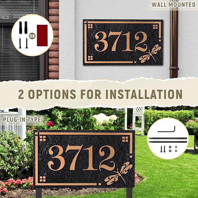 House Address Sign Address Plaque for Outside Custom Street Name Address Sign House Number with Lawn Stake (Black/Red Copper)