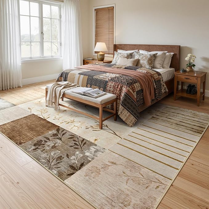 DweIke Floral Rugs for Living Room, 8x10 Washable Area Rug for Dining Room Farmhouse Office Bedroom Decor, Geometric Patchwork Stain Resistant Low Pile Indoor Floor Throw Rugs, Beige