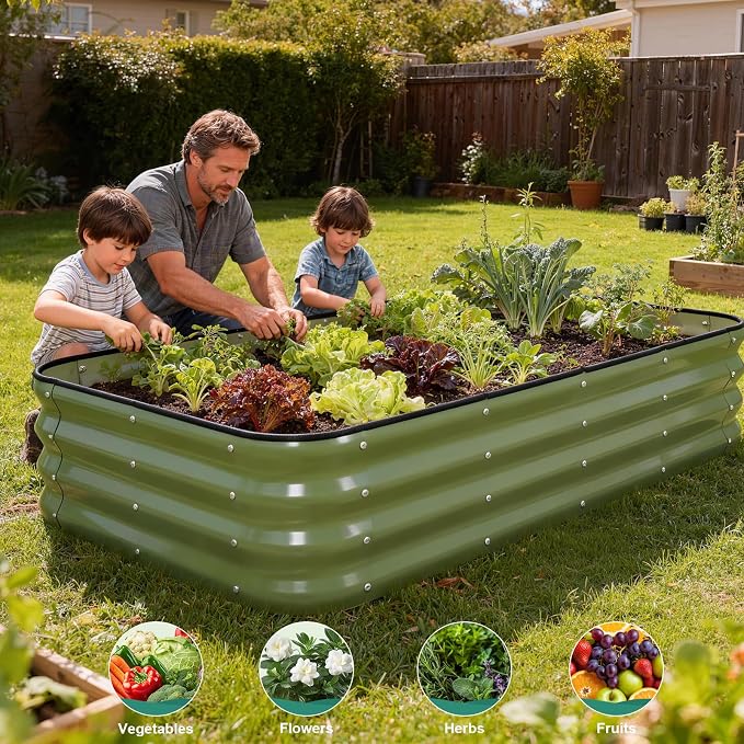 4 in 1Galvanized Raised Garden Bed - 5x3x1ft Modular Garden Planter Bed Outdoor | Steel Raised Bed Kit with Bracing Rods, Gloves for Gardening Vegetables Fruits and Flowers (Green)