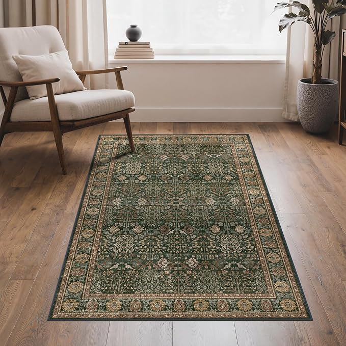 3x5 Washable Area Rug for Living Room, Dark Green Brown | Vintage Distressed Floral, Spill Resistant, Lightweight Low Pile Non-Shedding Carpet for Bedroom, Dining Room and Office
