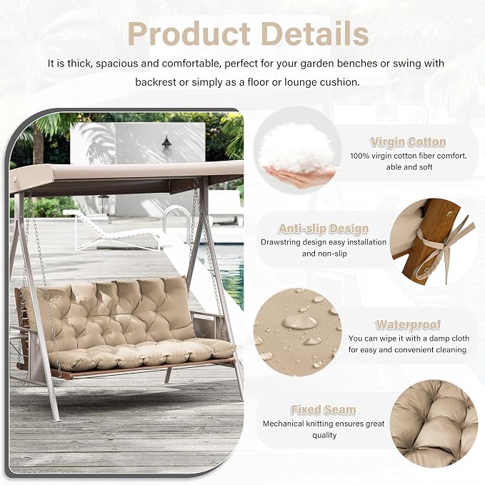 Porch Swing Cushion with Backrest,Waterproof Bench Cushion for Outdoor Furniture,2-3 Seater Replacement Thickened 5 in swing cushion,with Ties,Patio,Outdoor,Backyard and Garden (Sand,60x40 in)