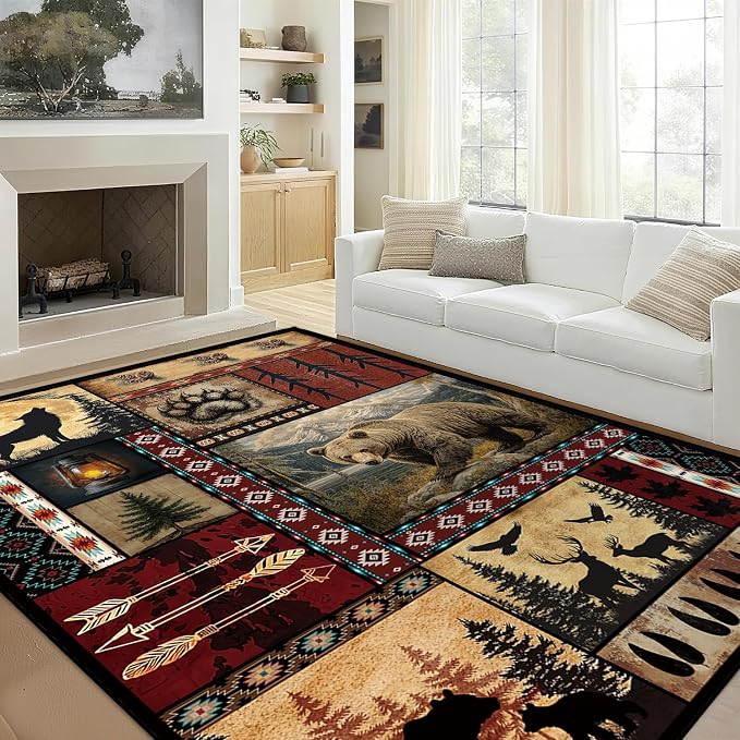 Rustic Cabin Area Rug 5x7 for Living Room, Bear Deer Print Rug, Western Decor Non-Slip Low-Pile Machine Washable Indoor Floor Carpet for Dining Room Bedroom Office
