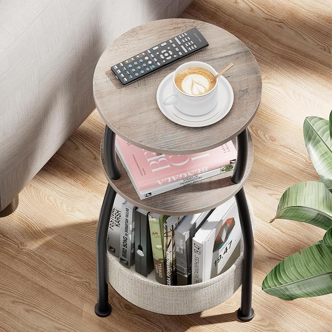 Round Side Table with Storage Basket –Small Space Saving End Table 3-Tier Coffee Table Bedside Corner Stand for Living Room, Bedroom, Garden and More 24in Tall Greige