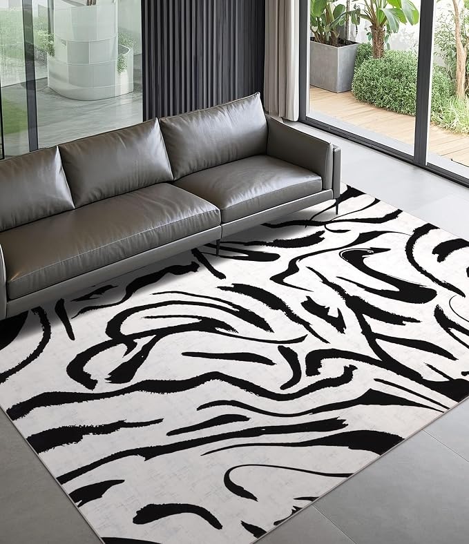 Modern Area Rugs for Bedroom,5x7 Washable Black and White Rug, Thin Abstract Geometric Minimalist Striped Rug, Black Rugs for Bedroom,Kitchen,Dining Room Office