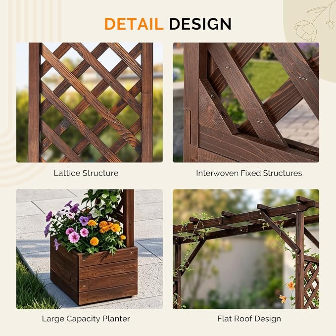 VINGLI Wooden Garden Arbor with Planter, Wedding Arch for Ceremony, Wood Garden Arbour Trellis for Plant Climbing, Pergola for Garden Backyard, Lawn, Outdoor (Dark Brown)