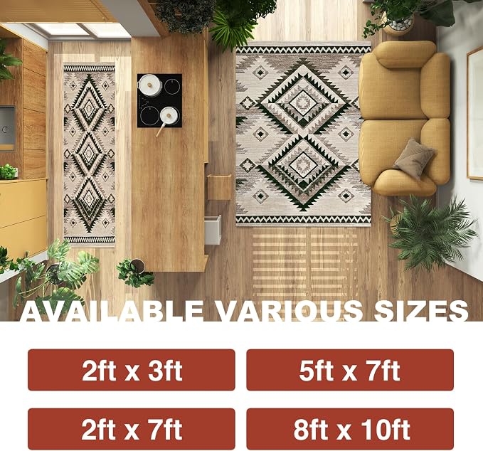 YHSF South West Native Tribal American Rug Ritz - Olive, 2 ft x 3 ft | Native American Indian Inspired Rug - Living Room, Bedroom, Hallway, Entryway & High-Traffic Area Rugs - Washable - Soft