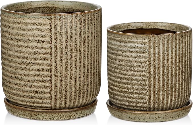 Oairse Ceramic Pots for Indoor Plants, 6.1 +4.9 inch Pots for Plants Set of 2 Brown Plant Pots with Drainage Holes and Saucers Texture Ceramic Planters Indoor Outdoor Flower Pot for Succulent