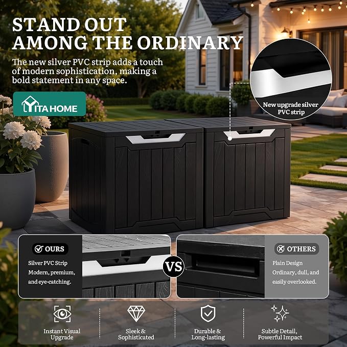 YITAHOME 31 Gallon Deck Boxes Set of 2 | Lockable Outdoor Storage Bins with Silver Decorative PVC Trim Panels for Patio Cushions, Garden Tools, Weather-Resistant