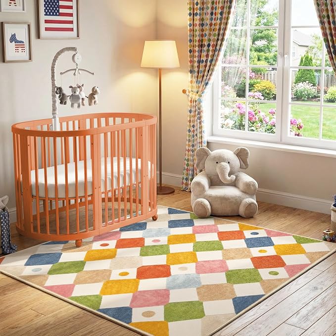 jinchan Checkered Square Rug 5x5 Washable Colorful Kids Room Play Mat | Soft, Non-Slip, Cute, Kid-Friendly, Modern Geometric Design, Cream Background, for Nursery, Playroom, Bedroom, Dorm, Daycare