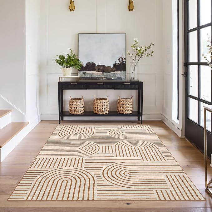 ROYHOME Modern Washable Rug 6x9 Area Rugs for Living Room Non Slip, Orange | Abstract Rug for Bedroom, Rainbow Throw Rugs with Rubber Back, Low Pile Stain Resistant Boho Geometric Carpet for Dining Room