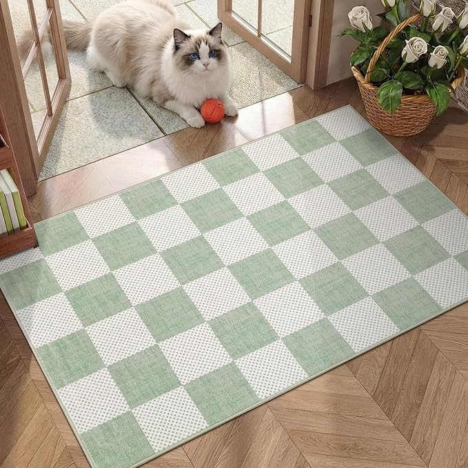 GarveeHome Checkered Sage Green 2x6 Washable Kitchen Runner Rug Entryway | Sage Green Small Area Rug for Hallway Bedroom Bathroom Low-Pile Non-Slip Stain Resistant Geometric Rugs TPE Backing