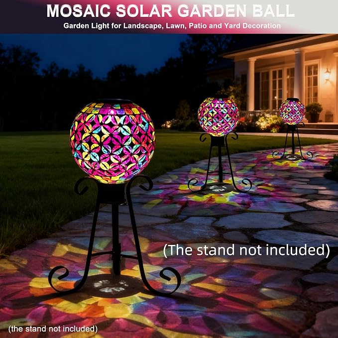 VOREEN 8” Solar Mosaic Garden Ball, Colorful Glass Outdoor Globe with Solar Light, IP44 Waterproof Yard Decor Sphere for Patio Lawn Pathway, All-Weather, Auto On/Off