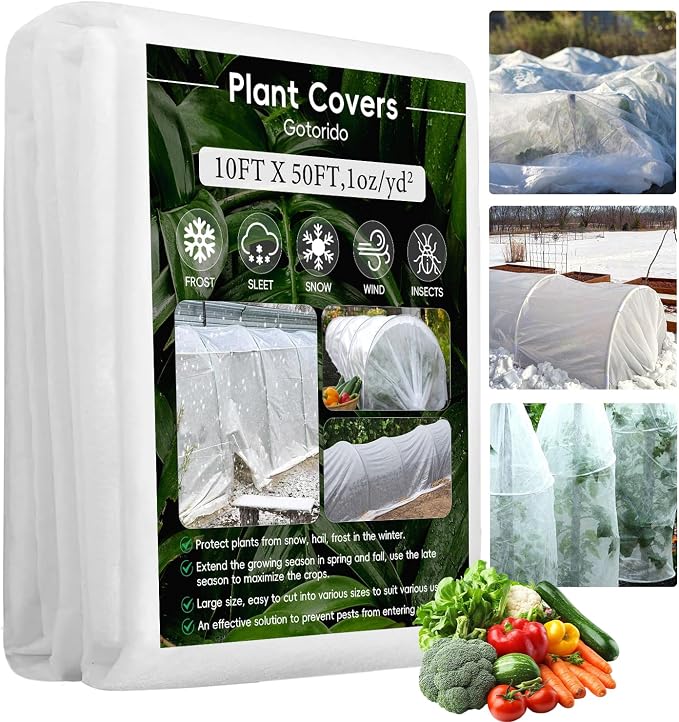 Plant Covers Freeze Protection, 10 ft x 50 ft 1.0 oz/yd² Reusable Frost Protection Floating Row Cover, Frost Blankets for Plants, Frost Cloth for Cold Weather Snow, Winter Frost Pests Protection