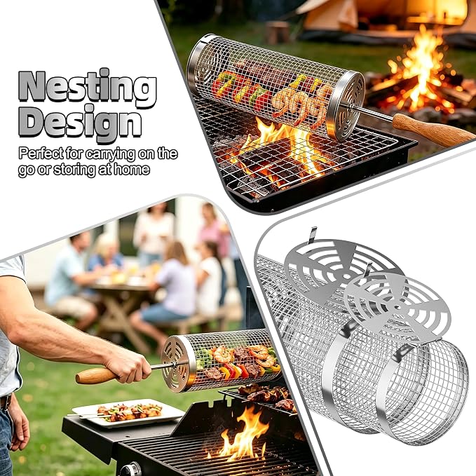 Rolling Grill Basket (2PCS), 304 Stainless Steel Grill Baskets with Removable Wooden Handles, BBQ Grilling Accessories for Vegetables, Camping, Outdoor Cooking,Ideal Gifts for Father's Day