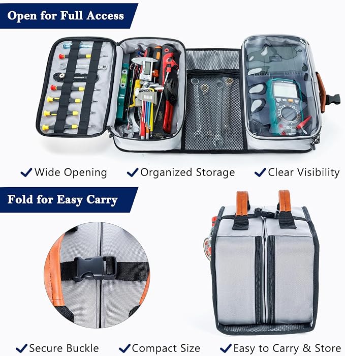 Heavy Duty Tool Bag Organizer with Clear Lid Compartments for Electrician, Portable Tool Organizer Case for Multimeter, Diagnostic & HVAC Repair Tools, Roll Up Tool Bag Organizer