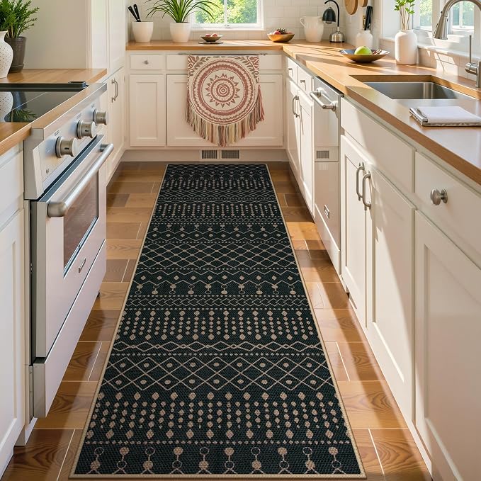 Lahome Moroccan Easy Jute Washable Runner Rug, 2x8 Black Kitchen Runner | Distressed Print Geometric Carpet for Inside Entryway Hallways Laundry Room Foyer