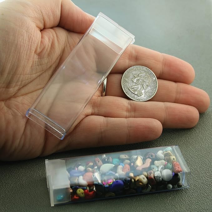 The Beadsmith Clear Plastic Boxes - Rectangle with a Flip Top Cap - 7/16” x 1” x 3” - Use for Beads, Bath Salts, Wedding & Party Favors, Home or Office Storage - Bag of 100