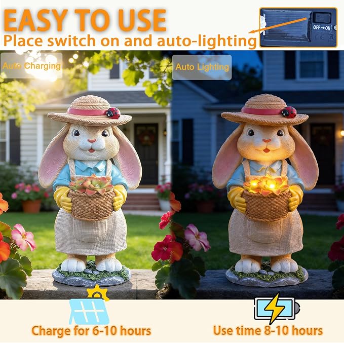 11" Rabbit Solar Garden Decor Bunny Outdoor Statue with Light | Gift Idea Light Decorations for Yard Garden Patio Mom Gift
