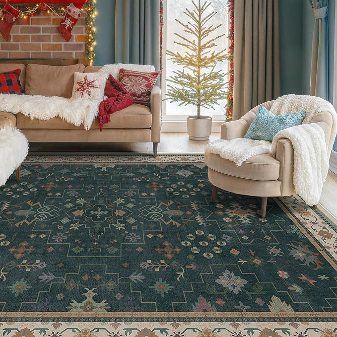 Vintage Dark Green 6x9 Dining Room Rugs for Under Kitchen Table - Washable Livinig Room Rug - Unique Floral Pastel Low Pile Non-Slip Large Area Rugs for Bedroom