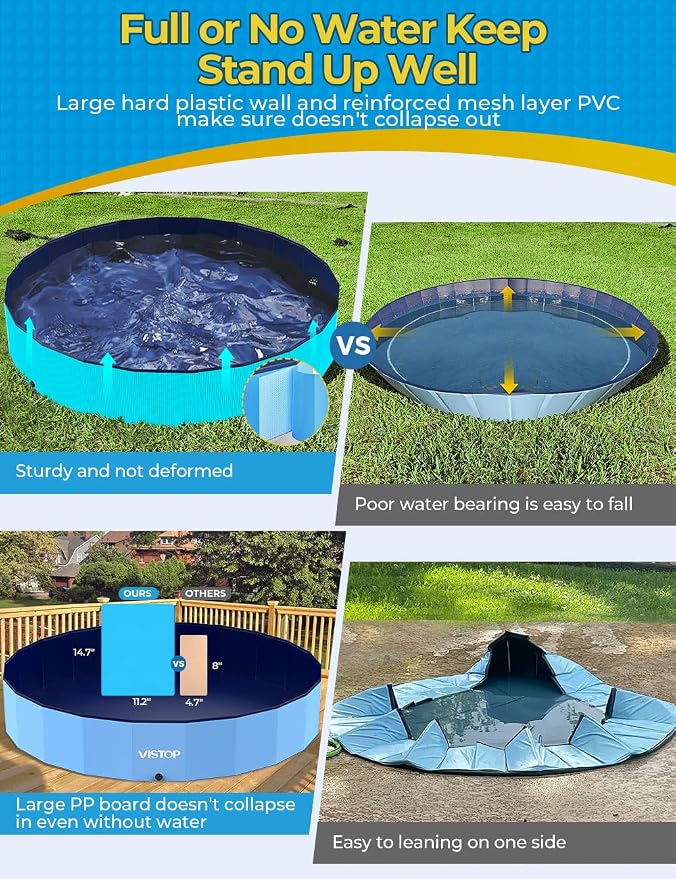 VISTOP Jumbo Foldable Dog Pool, Hard Plastic Shell Portable Swimming Pool for Dogs Cats and Kids Pet Puppy Bathing Tub Collapsible Kiddie Pool (97inch.D x 15.7inch.H, Blue)
