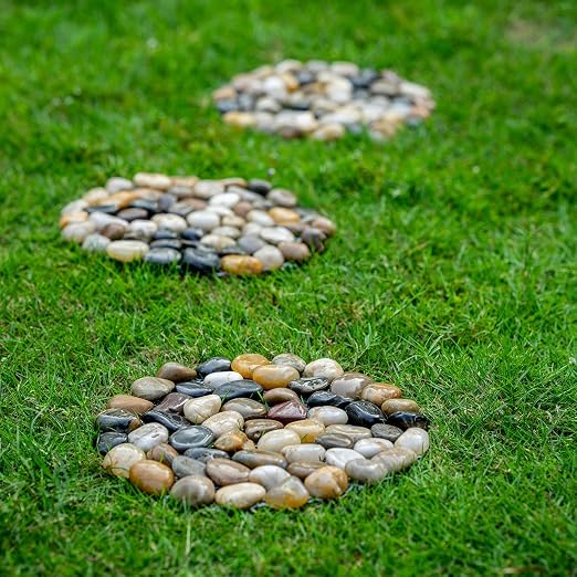 Natural River Rock Stepping Stones for Garden Walkway - Round Pebble Paver Mats with Mesh Backing - Decorative Outdoor Pathway Stones for Lawn, Backyard, Patio, and Landscaping (6 Pack, 9 Inch)