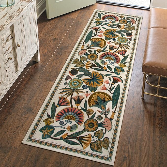 Zealude Washable Kitchen Runner Rug, Floral 2x6 Rug Runners for Hallways, Washbale Non Slip Beige Rugs, Soft Low Pile Carpet for Bedroom Entryway Laundry Room