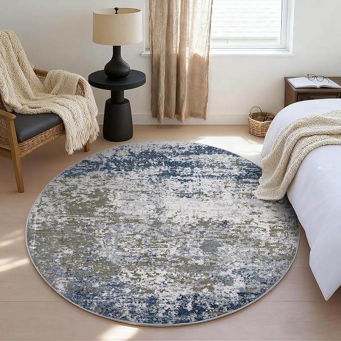 ROYHOME Modern Abstract 8x8 Round Area Rug Non Slip, Navy | Non Shedding Rug Low Pile Stain Resistant for Bedroom Living Room office Dining Room