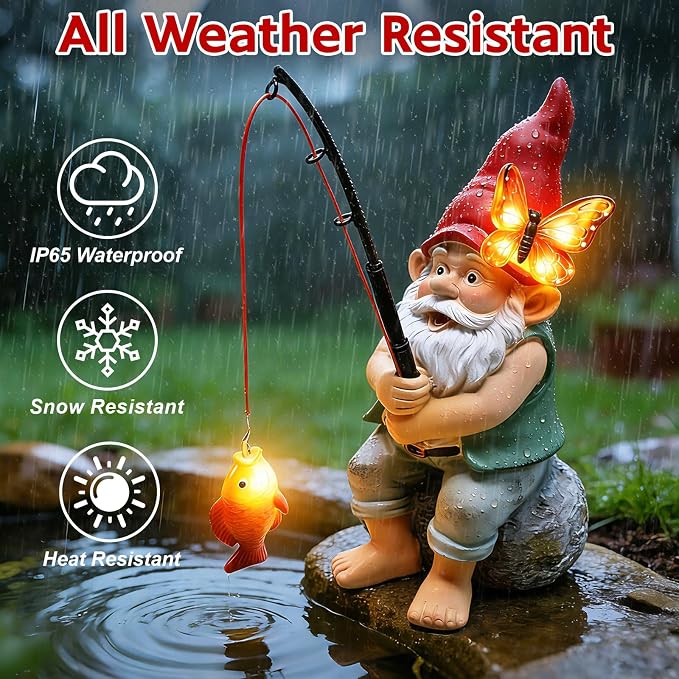 Solar Garden Gnome Statues, Outdoor Fishing Gnome with Butterfly Solar Lights Waterproof, Birthday Gifts for Mom Women Mother's Day, Garden Figurines for Yard Decor Patio Porch Lawn Ornaments