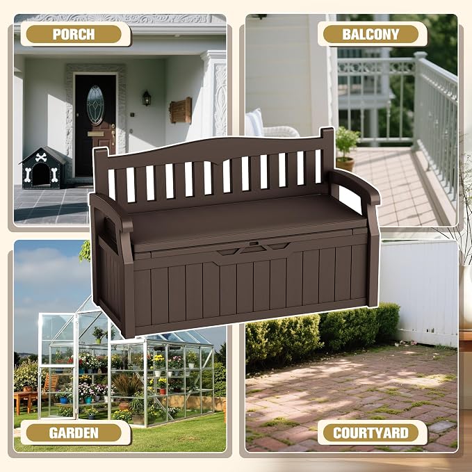 80-Gallon Outdoor Storage Bench with Cushion, Lockable Waterproof Deck Box with Armrests for Patio, Garden, Pool, Brown