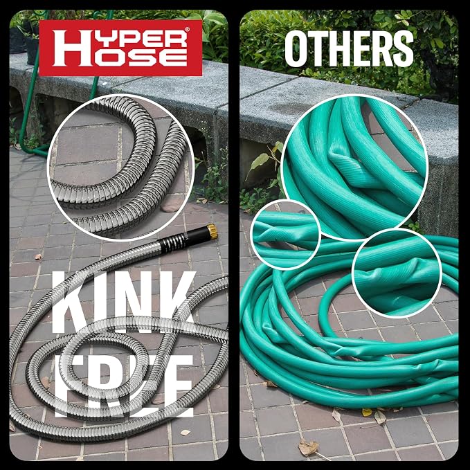 Best 75 ft Metal Garden Hose Set - No-Kink Durable 316 Stainless Steel, 10-Way Zync Spray Nozzle & Hook – Tough Flexible Heavy Duty Water Hoses, 5/8 in, Rust, Weather, LeakProof