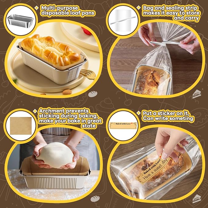 50 Pack 2.4lb Aluminum Loaf Pans Collocate Cellophane Bags/Twist Ties/ Stickers and Parchment Paper Sheets ,8.3" X 4.1" X 2.2" Disposable Aluminum Foil Premium Bread Tins - Disposable Baking Pans