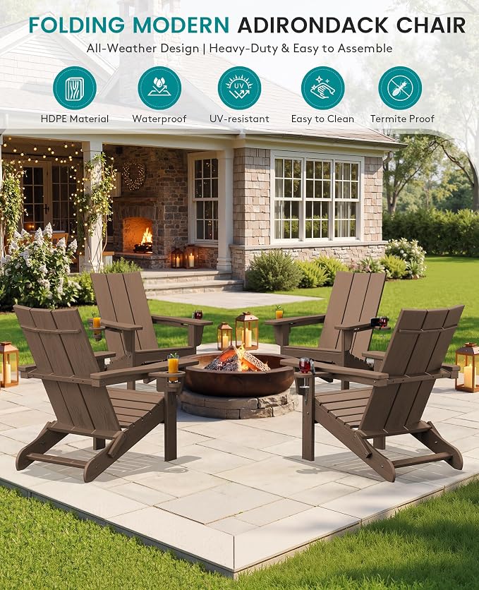 SERWALL Modern Adirondack Chair Set of 4, Folding Adirondack Chair with Cup Holders, Outdoor HDPE Fire Pit Chairs for All Weather Use, Brown