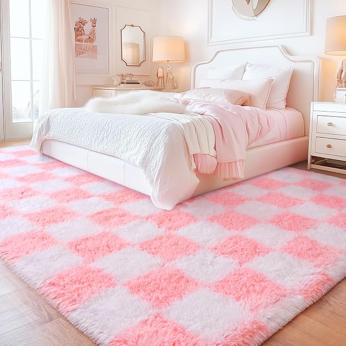 Checkered Rugs for Bedroom, Ultra Fluffy Fuzzy Shag Area Rug for Living Room 5x7, Modern Plush Soft Upgrade Non-Slip Carpet for Kids and Girls Room Dorm Nursery Home Decor, Pink and White