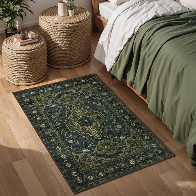 Tangsoo Oriental Small Washable Rugs for Entryway, Non Slip 2x3 Rug Green | Vinatge Olive Green Small Area Rug, Boho Print Front Door Mat Indoor Entrance Low Pile Throw Rugs for Entry Kitchen Bedroom
