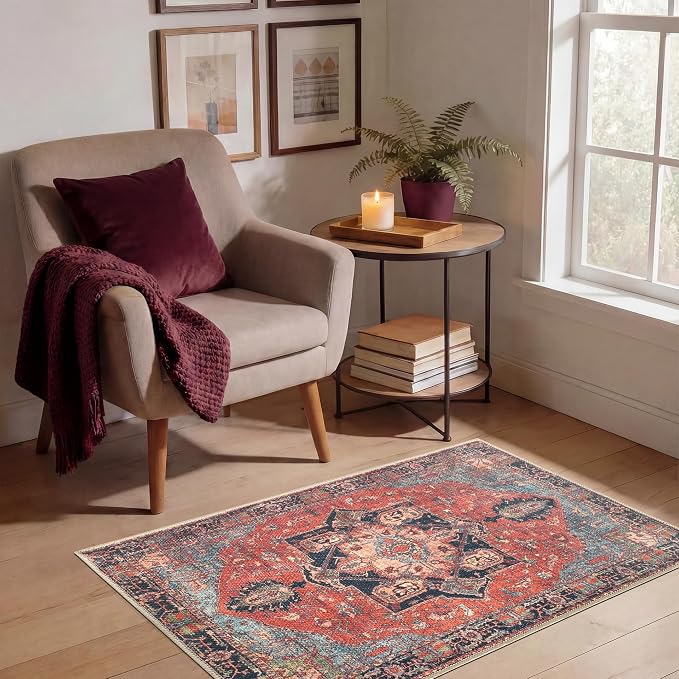 Keen Home Design Vintage Washable Entryway Rug, Non-Slip Low Pile, 2x3 | Machine Washable Cotton Chenille, 0.25In Low Pile, Rubber Non-Slip Back; Kitchen, Entryway, Bathroom, Bedside