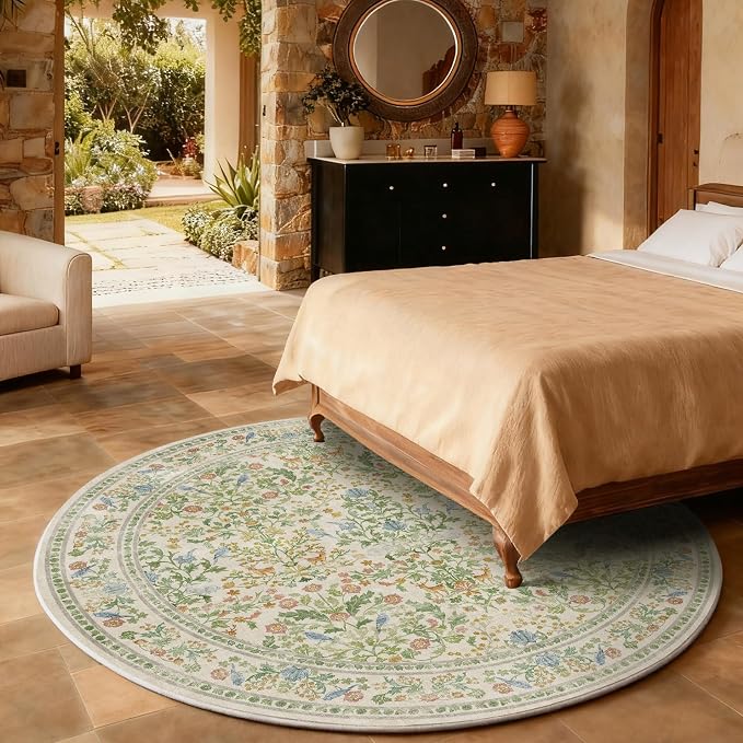 Washable Round Rugs for Bedroom 4ft: Living Room Rug Stain Resistant Non Slip Low Pile Ultra Soft Faux Wool Small Circle Rugs for Kitchen Entryway Nursery Dorm Home Office Bathroom Entrance Indoor
