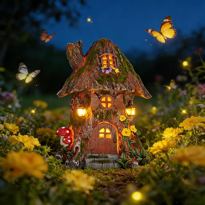 COWOS Solar Powered Mossy Tree House Sculpture with Doors, Windows, Street Lamp & Chimney - LED Outdoor Garden Decor