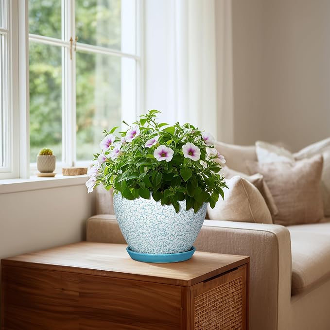 Ceramic Plant Pots, 8 Inch, Crackle Blue | Indoor Plant Pots, Drainage Hole and Tray, Decorative Round Planters, For Outdoor Plants
