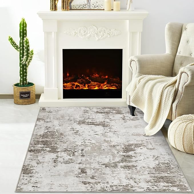 ROYHOME Modern Abstract 2x3 Area Rug Non Slip Non Shedding, Taupe/Beige | Low Pile Stain Resistant Rug for Entryway Kitchen Bedroom