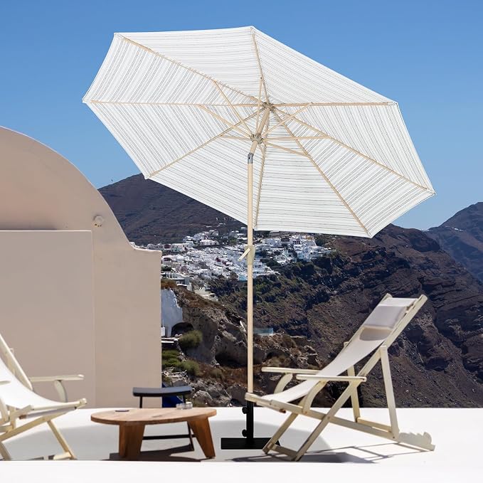 Tempera Striped Patio Umbrellas Outdoor Table Market Umbrellas with Crank & Pust Button Tilt|Auto-Tilt, 8 Steel Ribs, High Color-Fastness Canopy