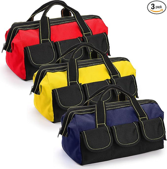 3 Pack Tool Bag, Wide Mouth Tool Tote Bag with Waterproof Base, Heavy Duty Tool Storage Bag Organizer for Various Tools, 5 Pockets, Blue, Yellow, Red, 12 Inch