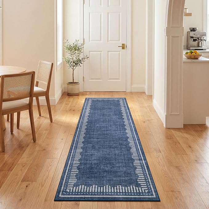 Garvee Washable Hallway Runner Rug 2x6 Non Slip Neutral Scalloped Runners | Blue Low Pile Stain Resistant Kitchen Runner Mat Solid Color Modern Geometric Living Room Bedroom Nursery Entry Area Rugs