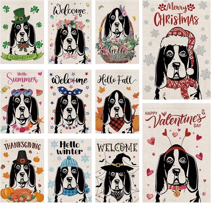 Seasonal Garden Flags Basset Hound Double Sided Flags Set of 11 Holiday Farmhouse Indoor Outdoor Yard Lawn Christmas Gifts Decorations 12.5x18 Inch